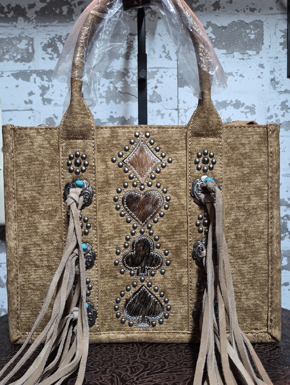 Montana West Tan Fringe Tote with Turquoise Conchos